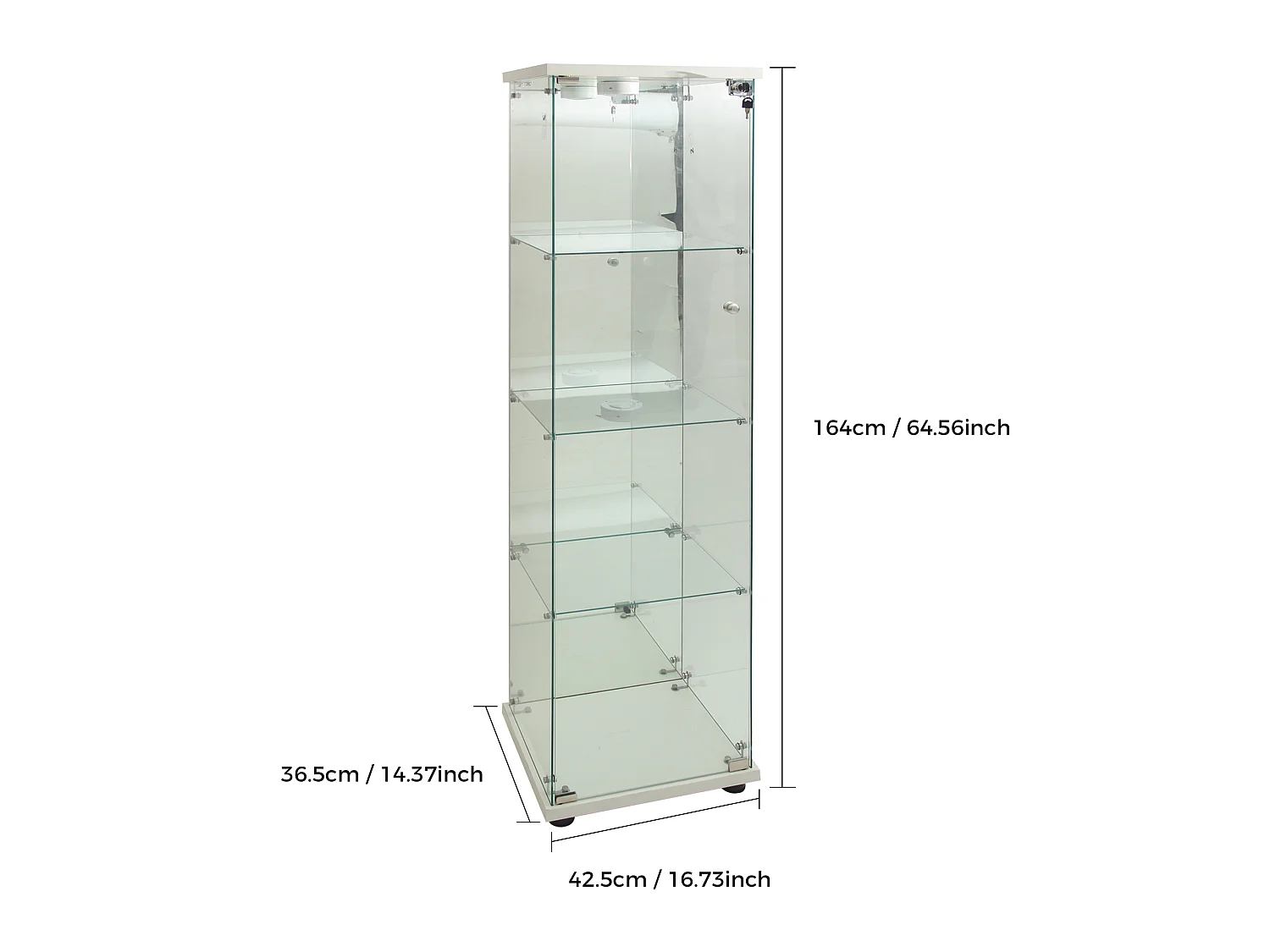 Vitrine D’exposition Une Porte 4 Étagères Verre Trempé,Éclairage LED, Serrure Anti-Poussière, Meuble Blanc Rangement Figurine, 42,5×36,5×164cm