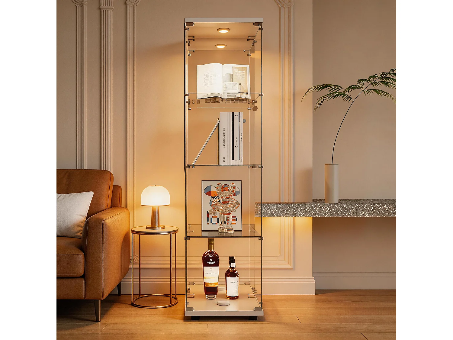 Vitrine D’exposition Une Porte 4 Étagères Verre Trempé,Éclairage LED, Serrure Anti-Poussière, Meuble Blanc Rangement Figurine, 42,5×36,5×164cm