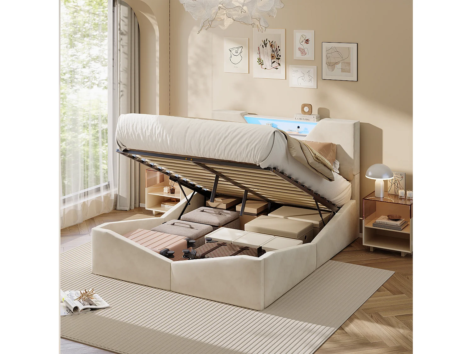 Lit Coffre 140x190 cm avec LED et Sommier à Lattes, Lit Double en Velours Blanc Cassé avec Tête de Lit de Rangement,Lit Adulte et Ado