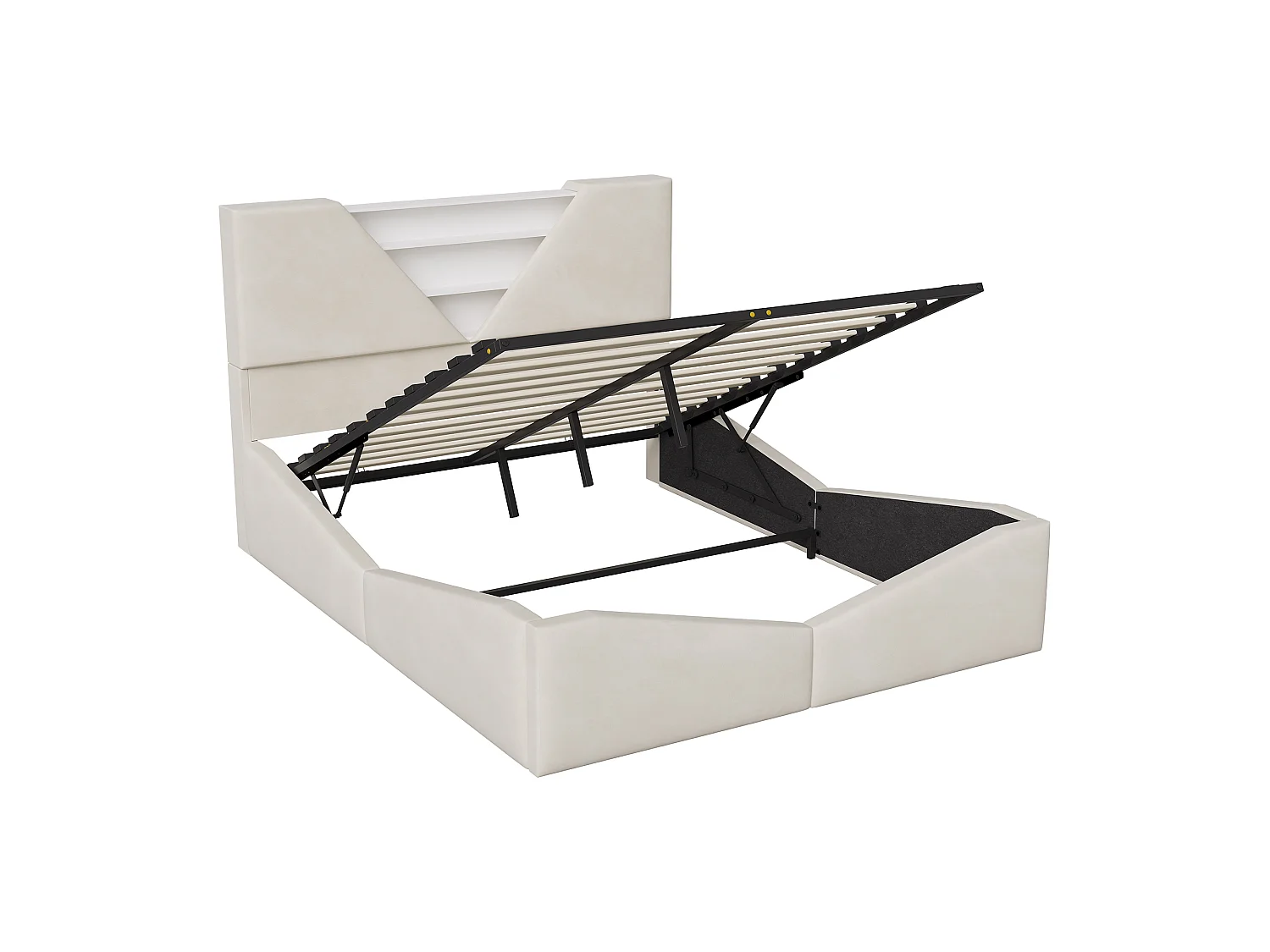 Lit Coffre 140x190 cm avec LED et Sommier à Lattes, Lit Double en Velours Blanc Cassé avec Tête de Lit de Rangement,Lit Adulte et Ado