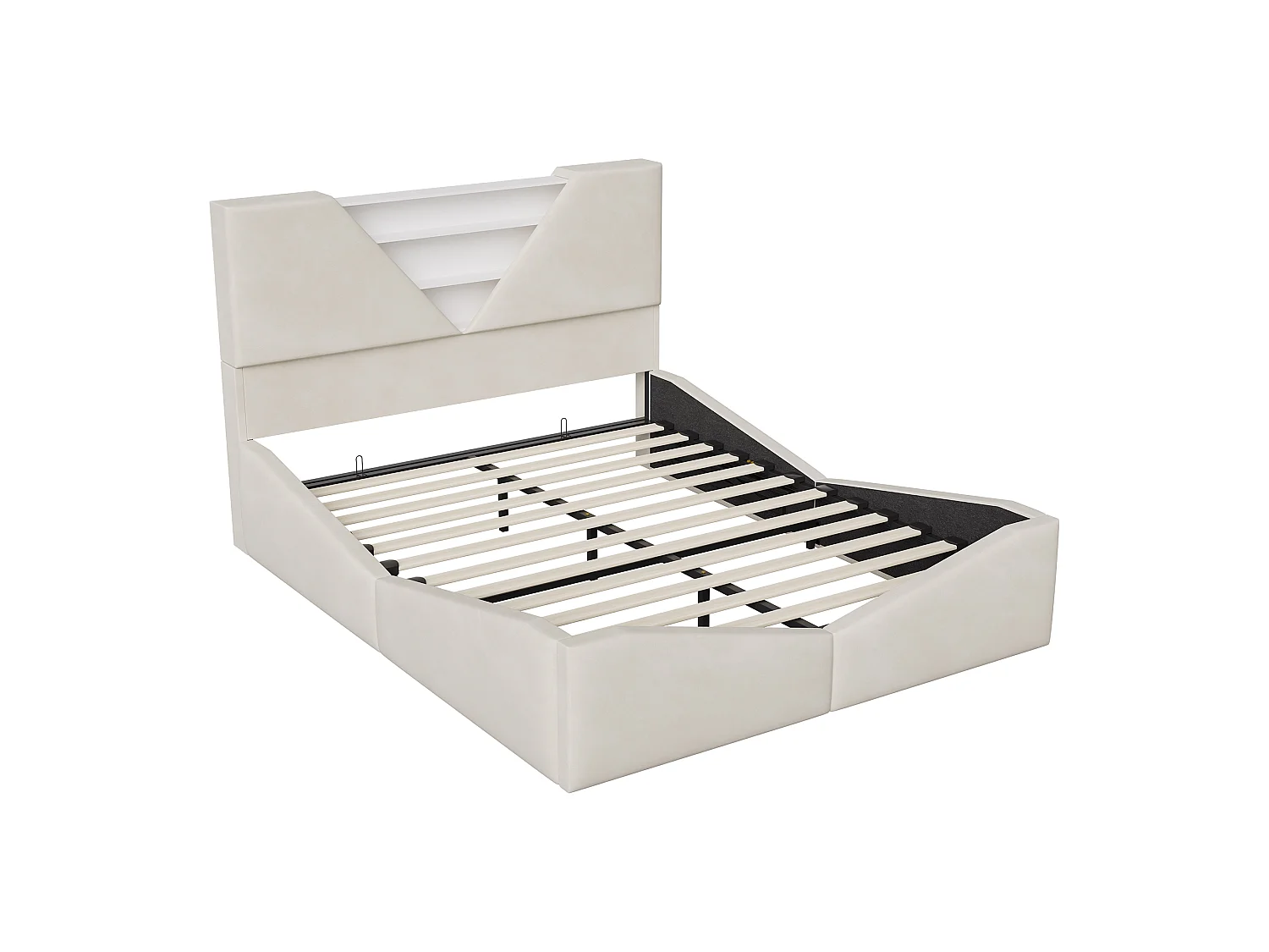 Lit Coffre 140x190 cm avec LED et Sommier à Lattes, Lit Double en Velours Blanc Cassé avec Tête de Lit de Rangement,Lit Adulte et Ado
