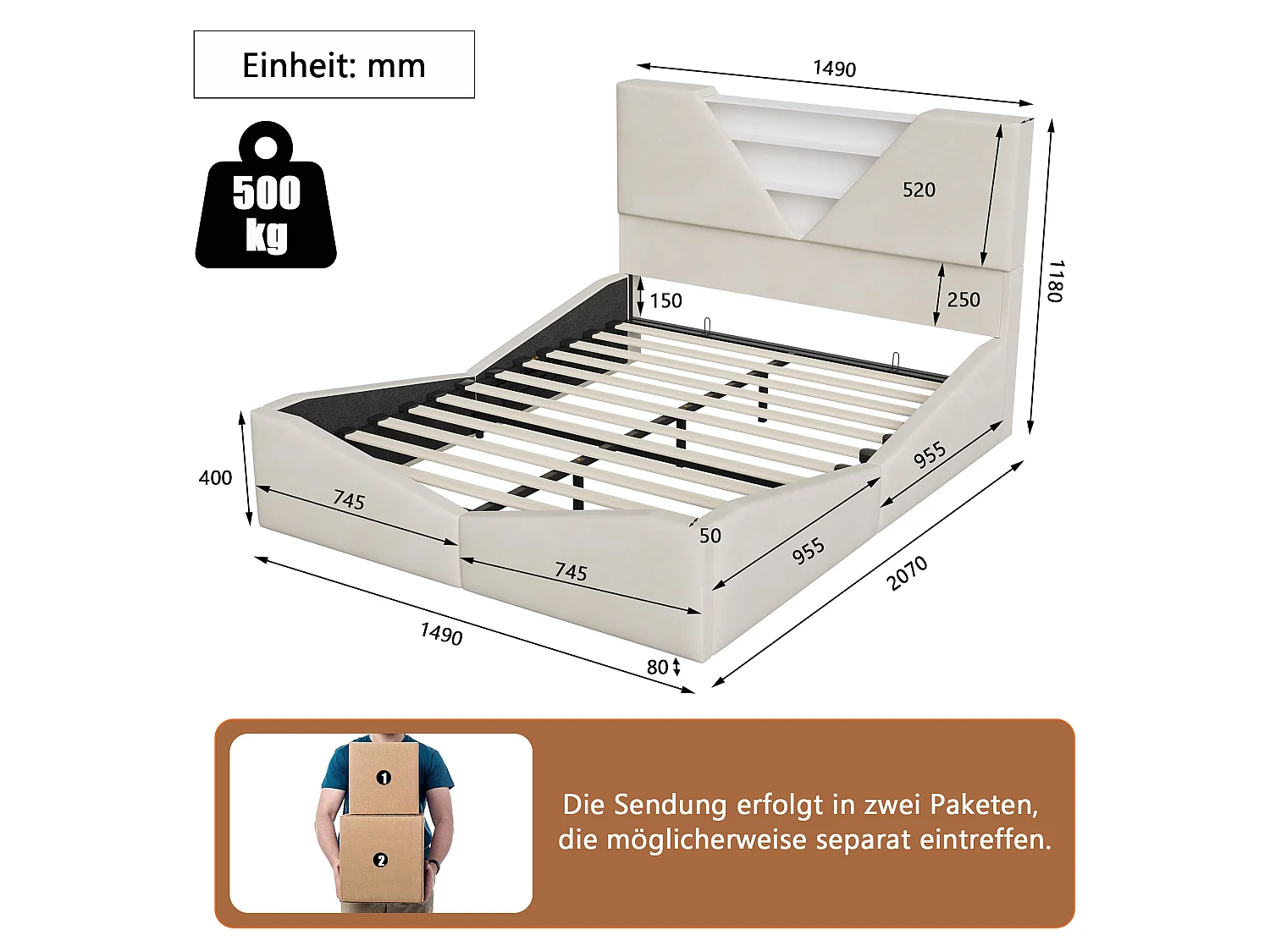 Lit Coffre 140x190 cm avec LED et Sommier à Lattes, Lit Double en Velours Blanc Cassé avec Tête de Lit de Rangement,Lit Adulte et Ado