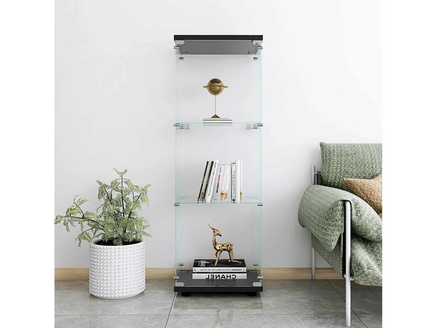 Vitrine D’exposition Une Porte 3 Étagères Verre Trempé, Meuble Noir Pour Salon/Chambre/Bureau,42,4×36,3×125,2cm