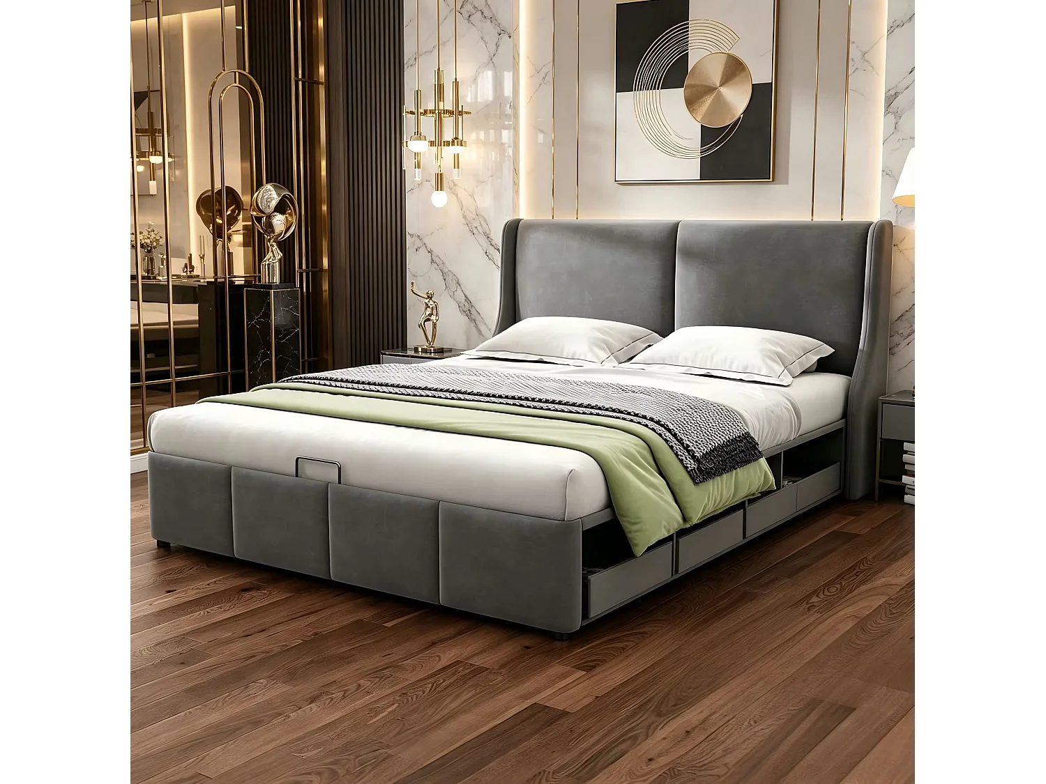 Lit Coffre 140x190 cm avec Sommier à Lattes,Mécanisme de Levage Hydraulique,pour Adultes et Adolescents,Gris,Velours