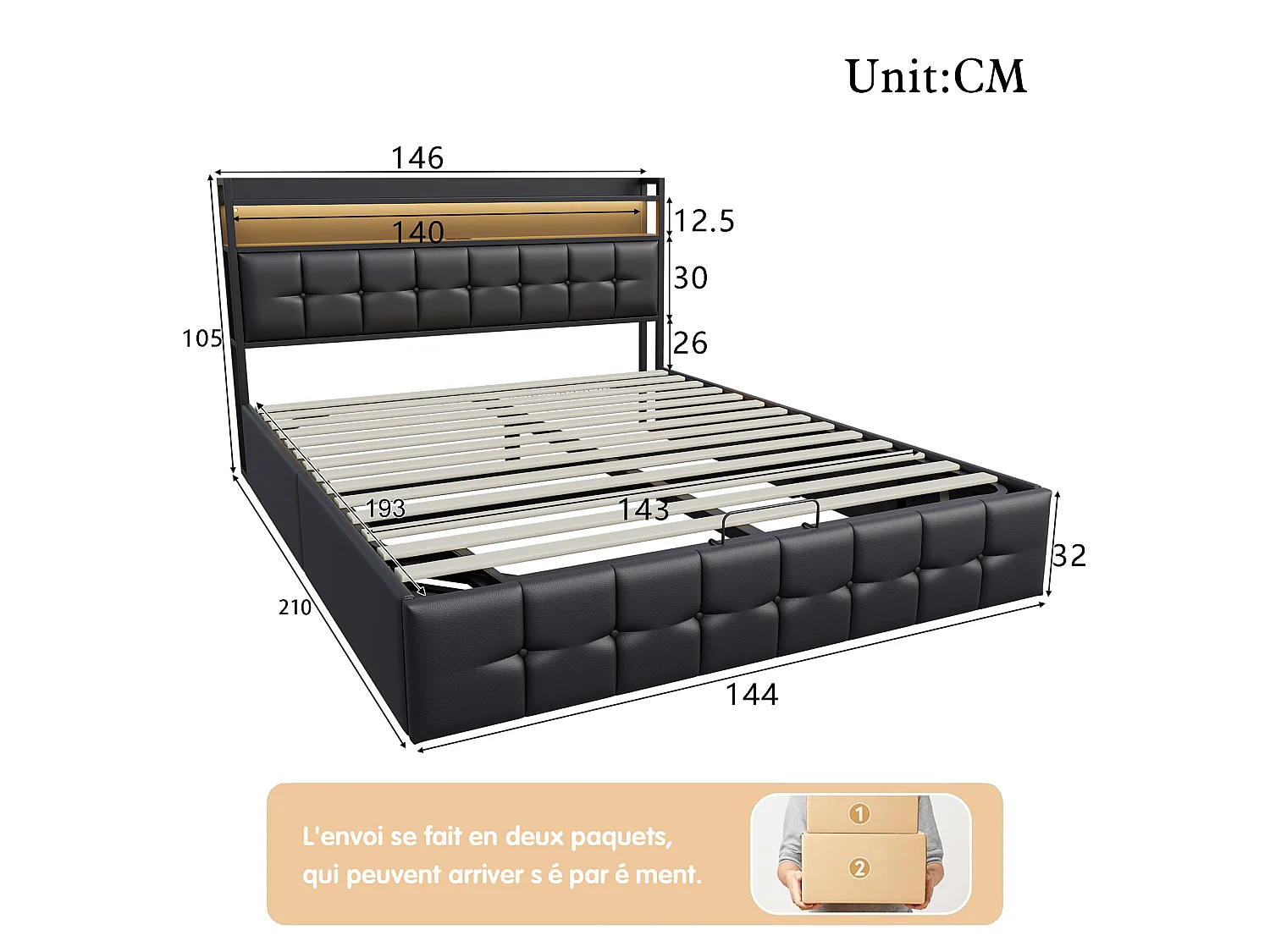 Lit Coffre 140x190 cm avec LED RGB et Station de Charge, Cadre de Lit Rembourré Gris en Lin,Rangement Hydraulique,USB et USB-C