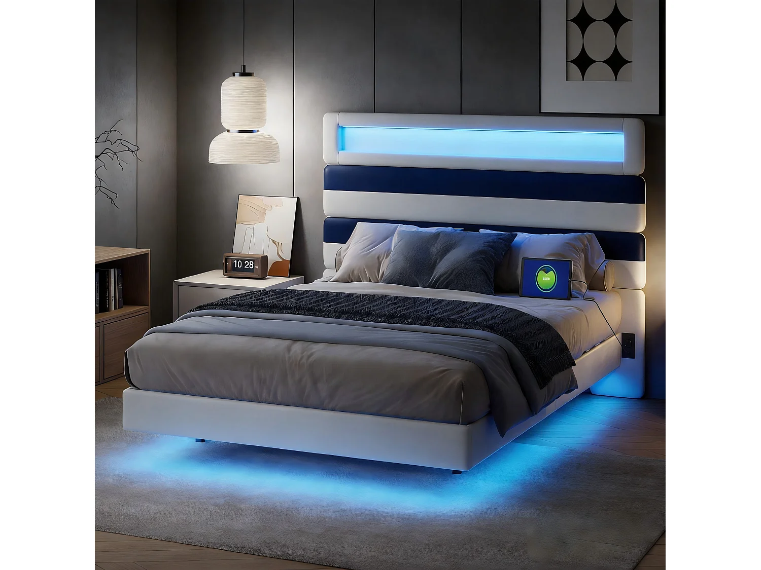 Lit Coffre 140x190 cm avec LED RGB et Station de Charge, Cadre de Lit Rembourré Gris en Lin,Rangement Hydraulique,USB et USB-C