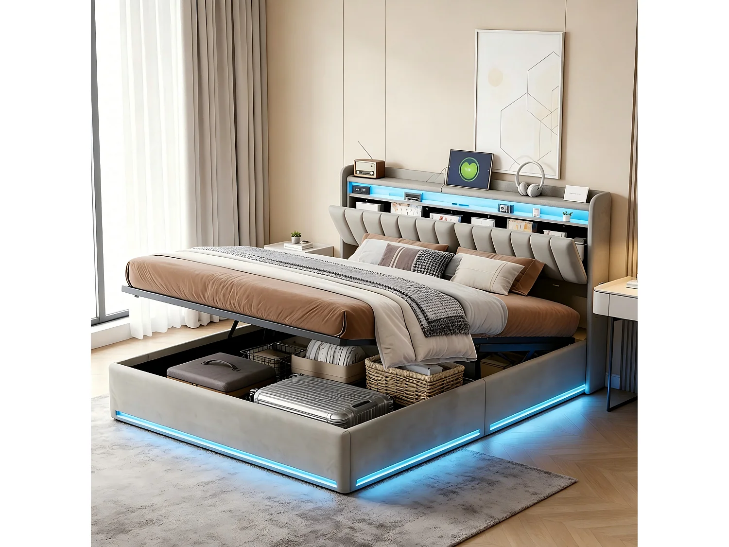 Lit Coffre 140x190cm avec Sommier et LED,Lit Double avec Ports USB & USB-C,Poches Latérales,Rangement Hydraulique,Gris,Velours