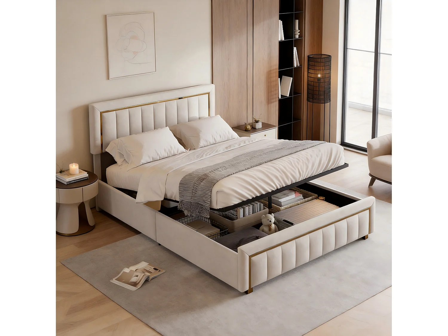 Cadre de Lit 140x190cm,Lit avec Rangement Hydraulique,lits 2 Personnes en avec Rangement,Beige,Flanelle