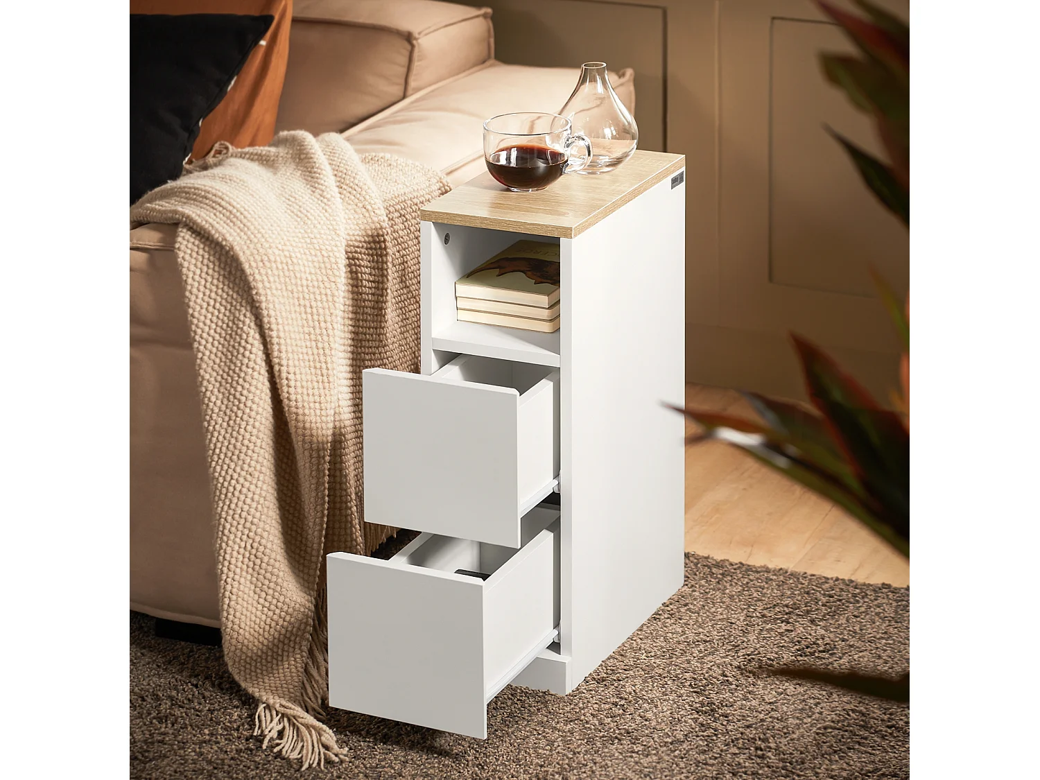 SoBuy Natbord 2 skuffer Hvid Træ 35x20x60cm FBT149-WNx2
