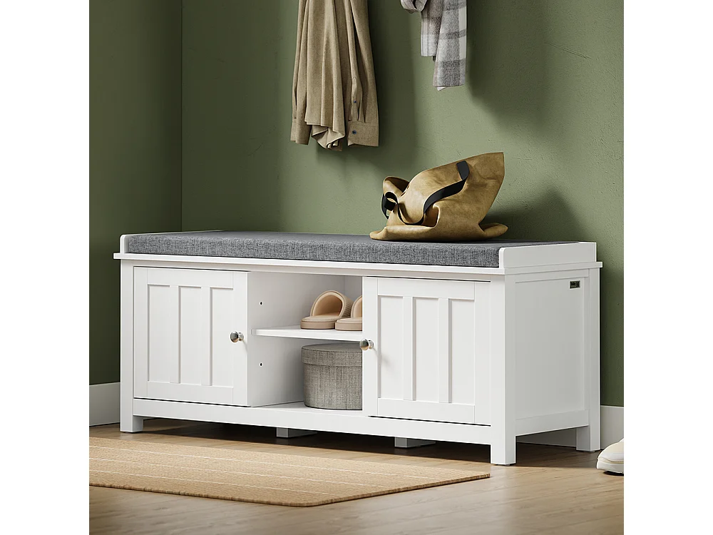 SoBuy Panca con contenitore 2 ante e ripiano Colore Bianco Grigio 105x35x43cm FSR35-II-W