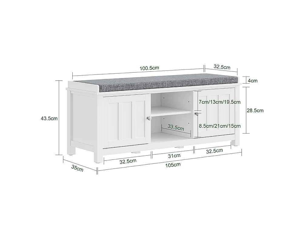 SoBuy Panca con contenitore 2 ante e ripiano Colore Bianco Grigio 105x35x43cm FSR35-II-W