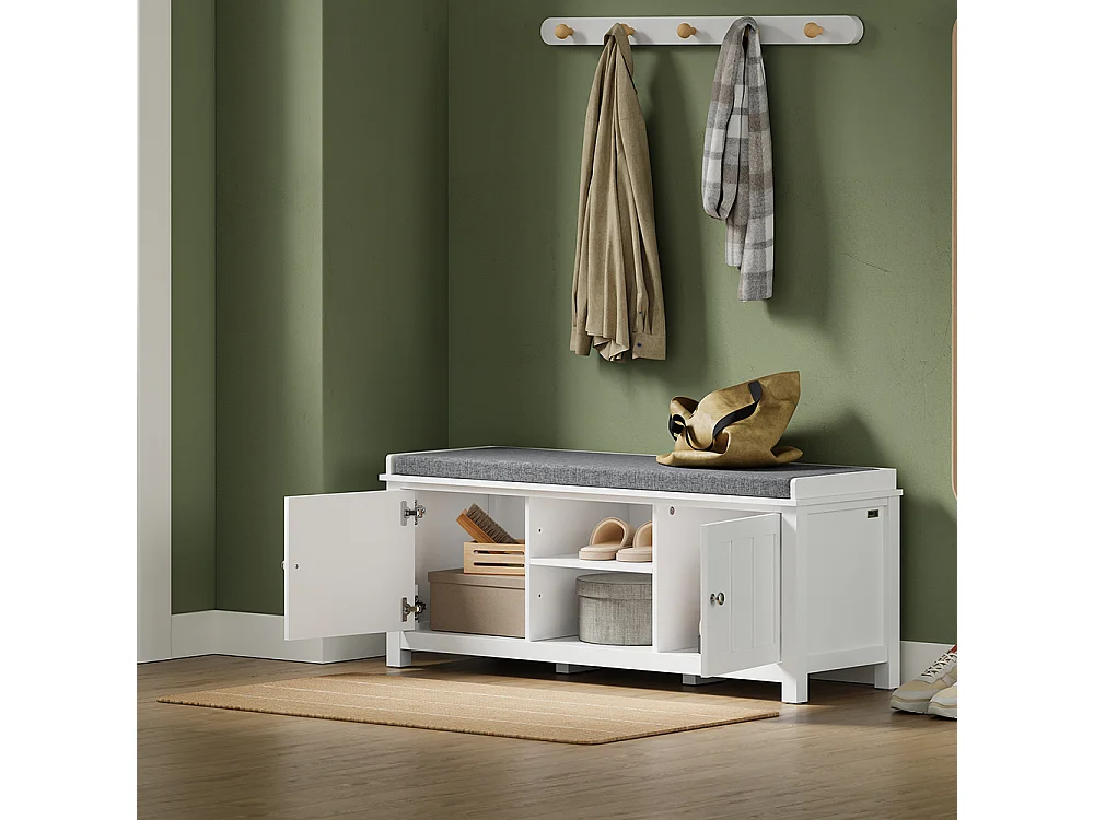 SoBuy Panca con contenitore 2 ante e ripiano Colore Bianco Grigio 105x35x43cm FSR35-II-W
