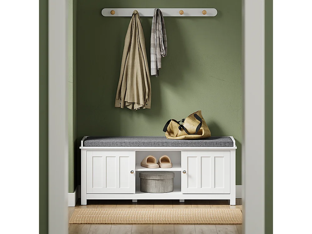 SoBuy Panca con contenitore 2 ante e ripiano Colore Bianco Grigio 105x35x43cm FSR35-II-W