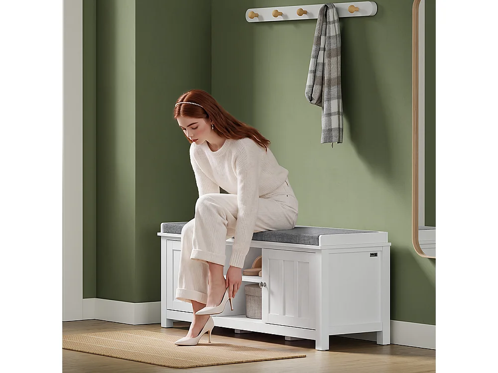 SoBuy Panca con contenitore 2 ante e ripiano Colore Bianco Grigio 105x35x43cm FSR35-II-W