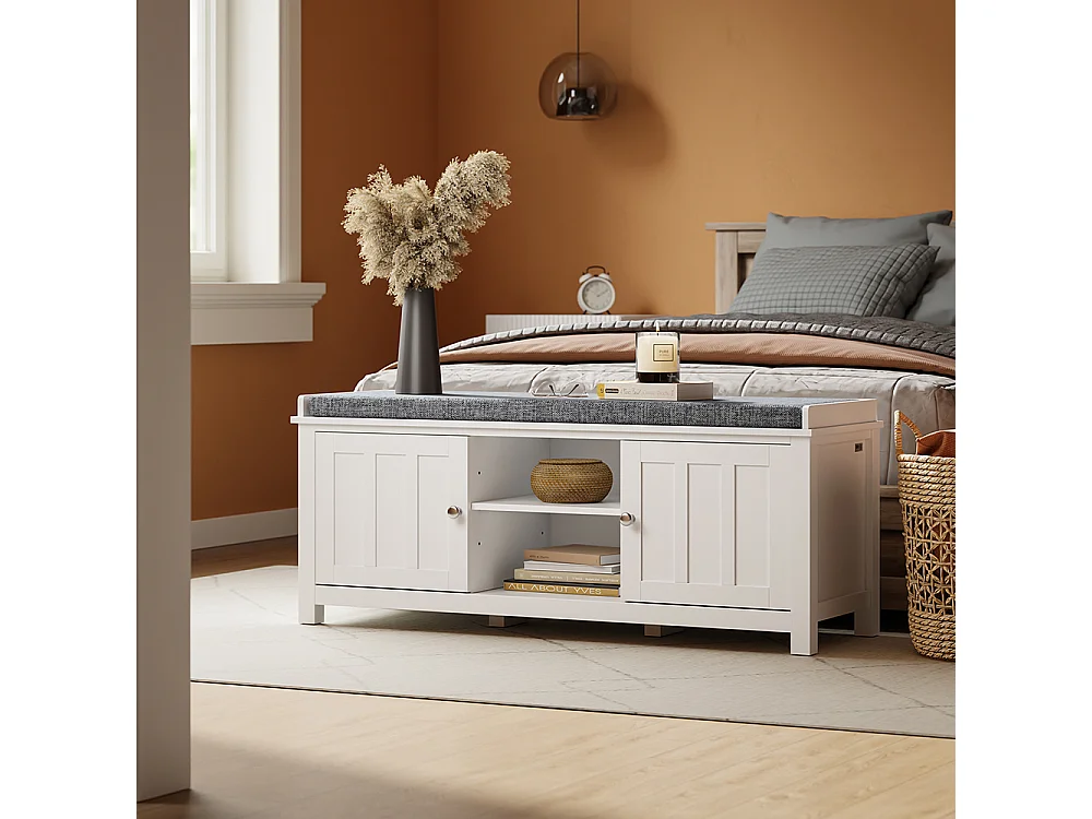 SoBuy Panca con contenitore 2 ante e ripiano Colore Bianco Grigio 105x35x43cm FSR35-II-W