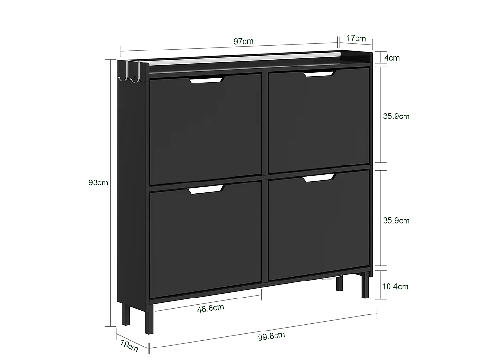 SoBuy Meuble Chaussures 4 Portes Rabattables Noir 99.8x19x93cm FSR100-E-SCH
