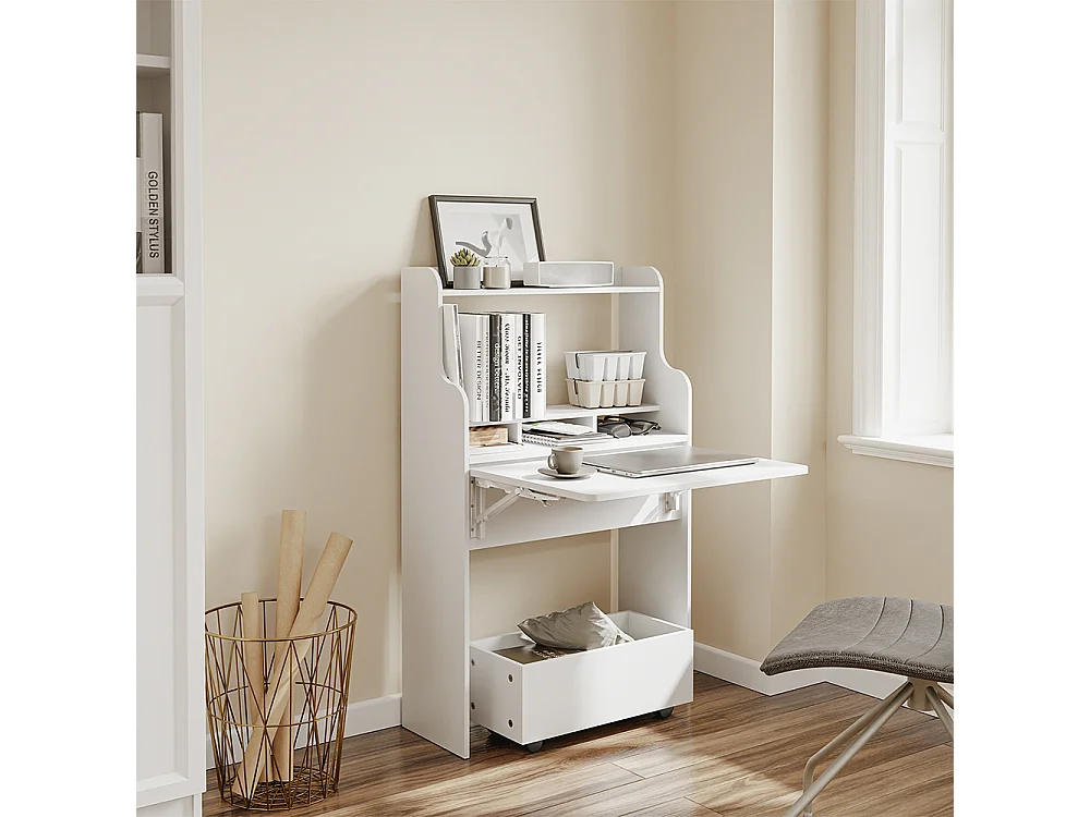 SoBuy Table murale pliante avec tiroir Roulettes Blanc 61,5x25x100,6cm FWT105-II-W