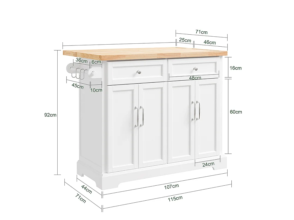 SoBuy | Chariot de cuisine blanc avec 2 tiroirs | Table de cuisine pliable pour espace optimisé |