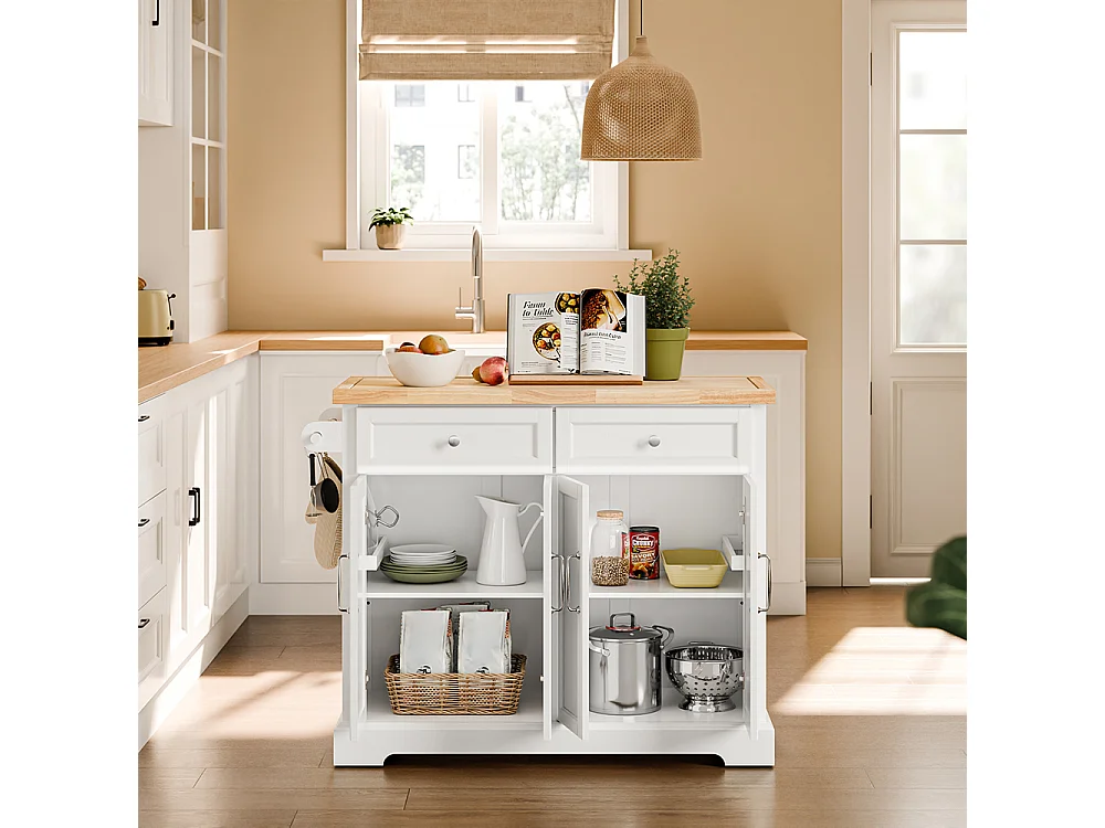 SoBuy | Chariot de cuisine blanc avec 2 tiroirs | Table de cuisine pliable pour espace optimisé |