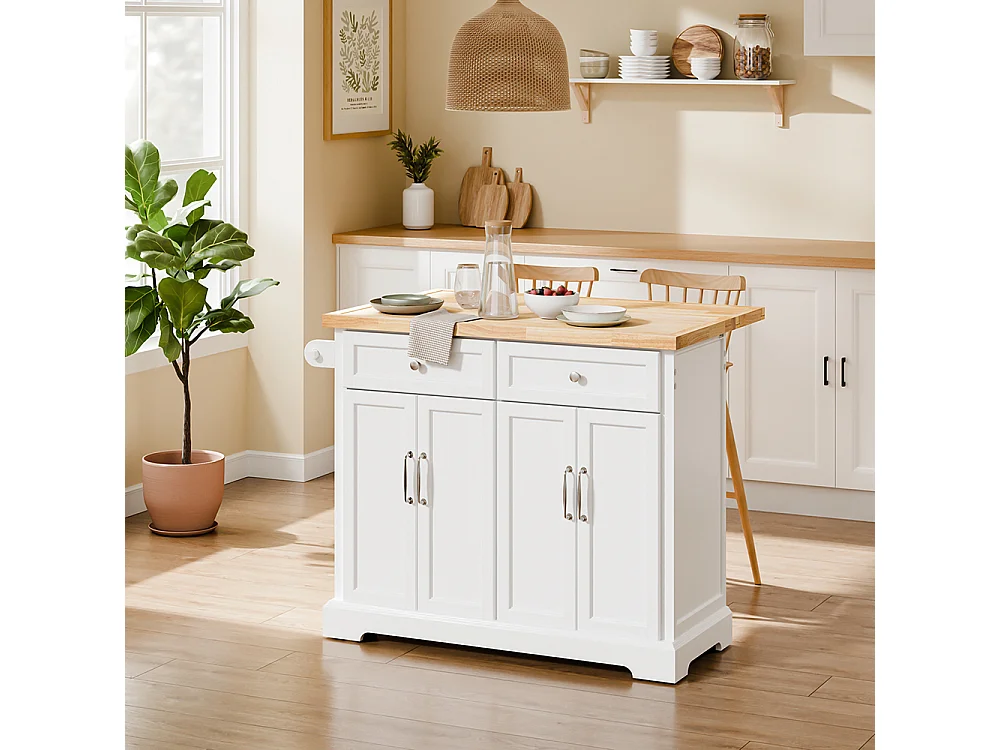SoBuy | Chariot de cuisine blanc avec 2 tiroirs | Table de cuisine pliable pour espace optimisé |