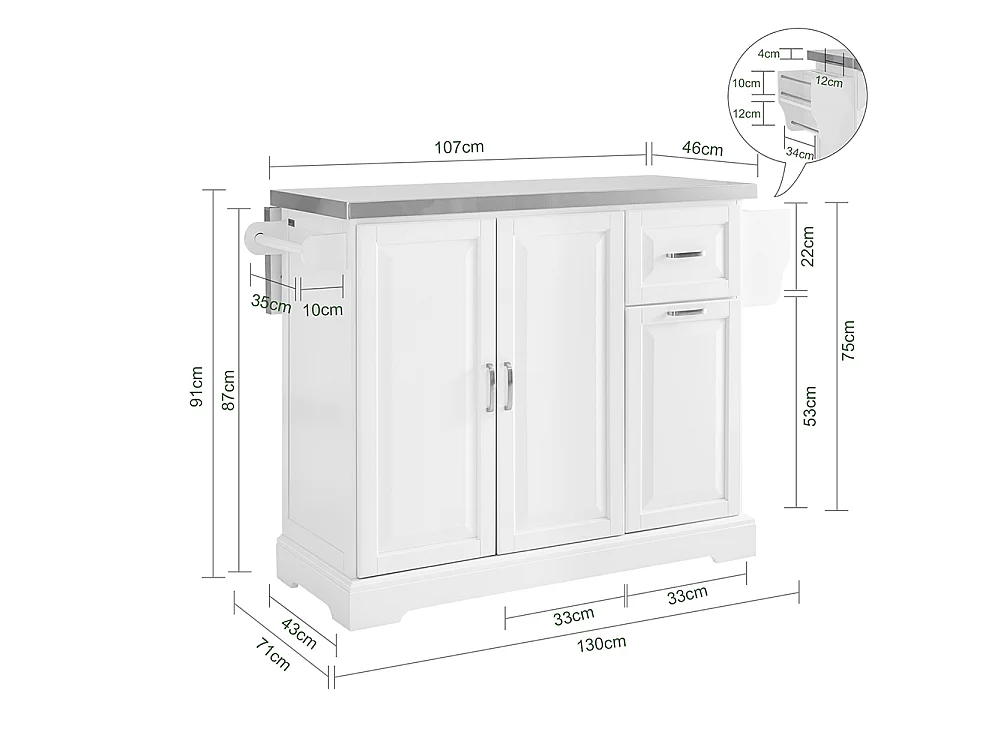 SoBuy Köksö med klappbar sida Förvaring Vit 107x71x91cm FKW128-II-ST