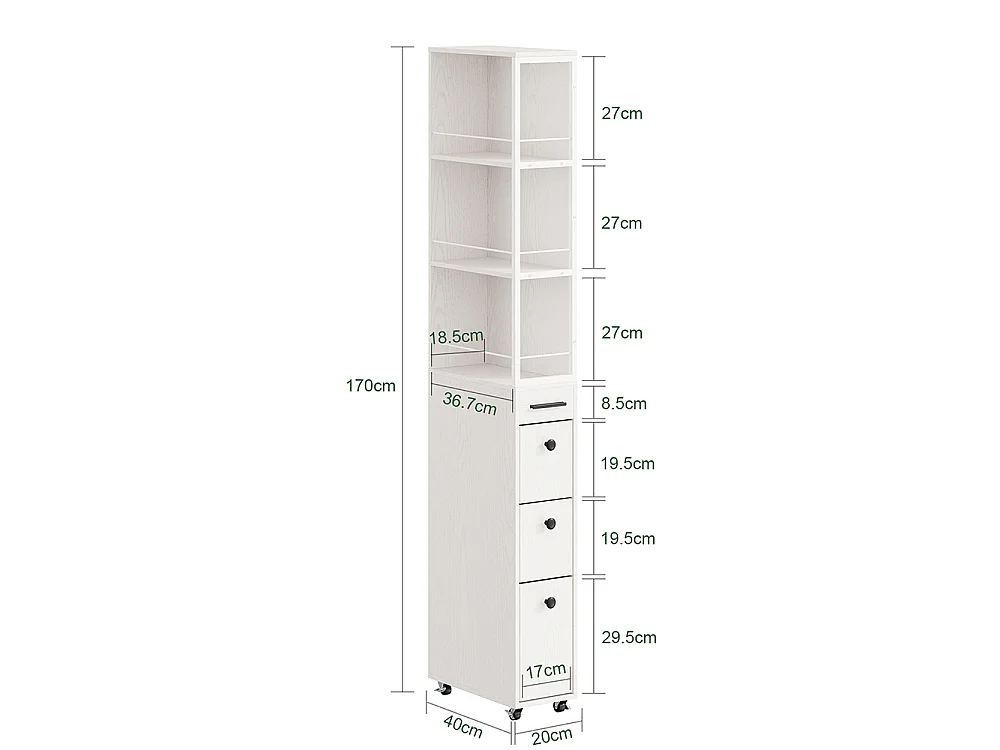 SoBuy Meuble étroit à tiroirs et étagères Blanc crème 40x20x170cm NSR13-WG
