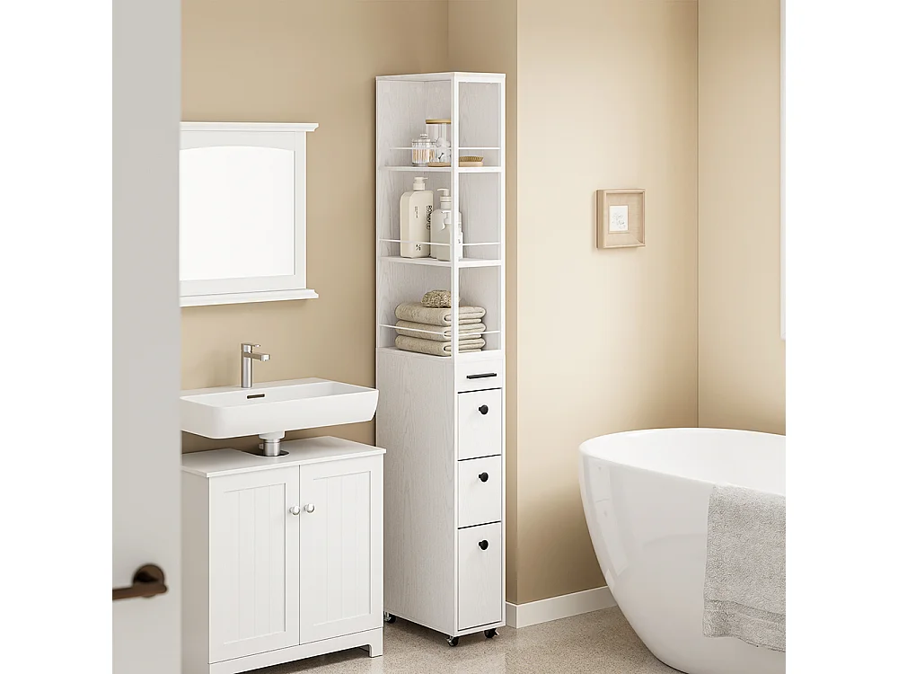 SoBuy Meuble étroit à tiroirs et étagères Blanc crème 40x20x170cm NSR13-WG