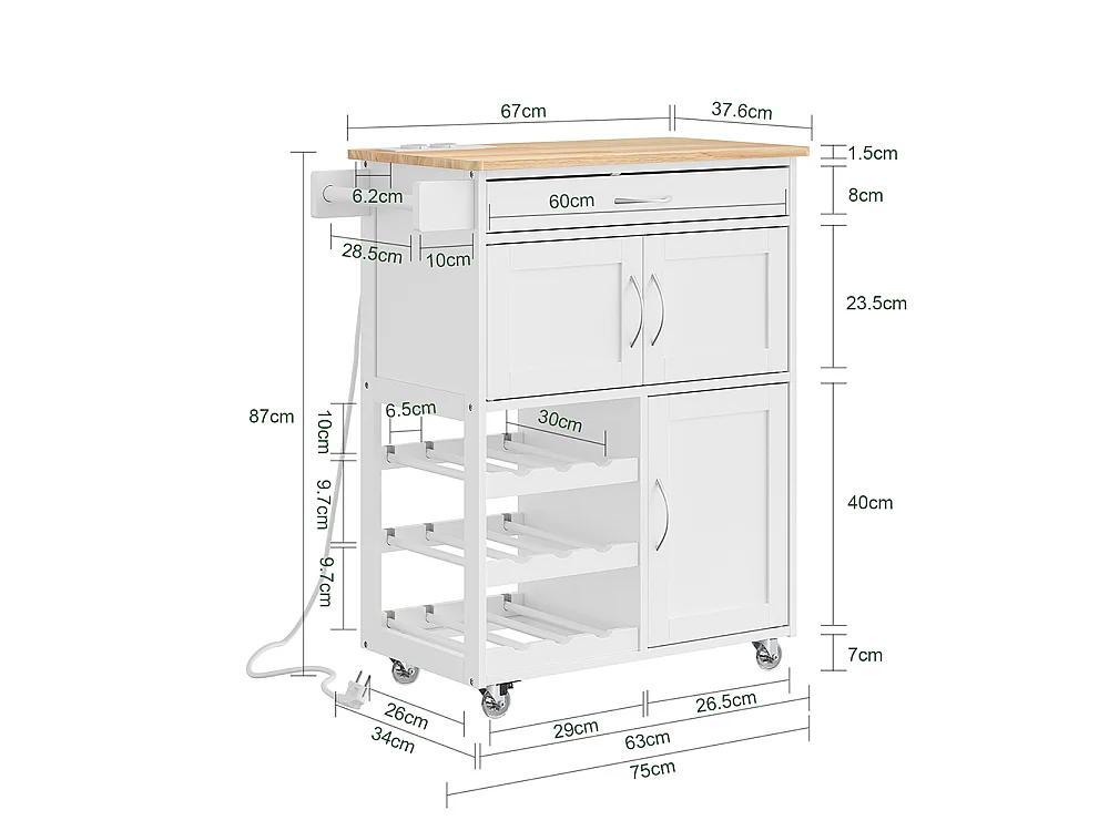 SoBuy Chariot de cuisine avec roulettes Blanc Chêne clair 75x37x87cm FKW45-E-WN