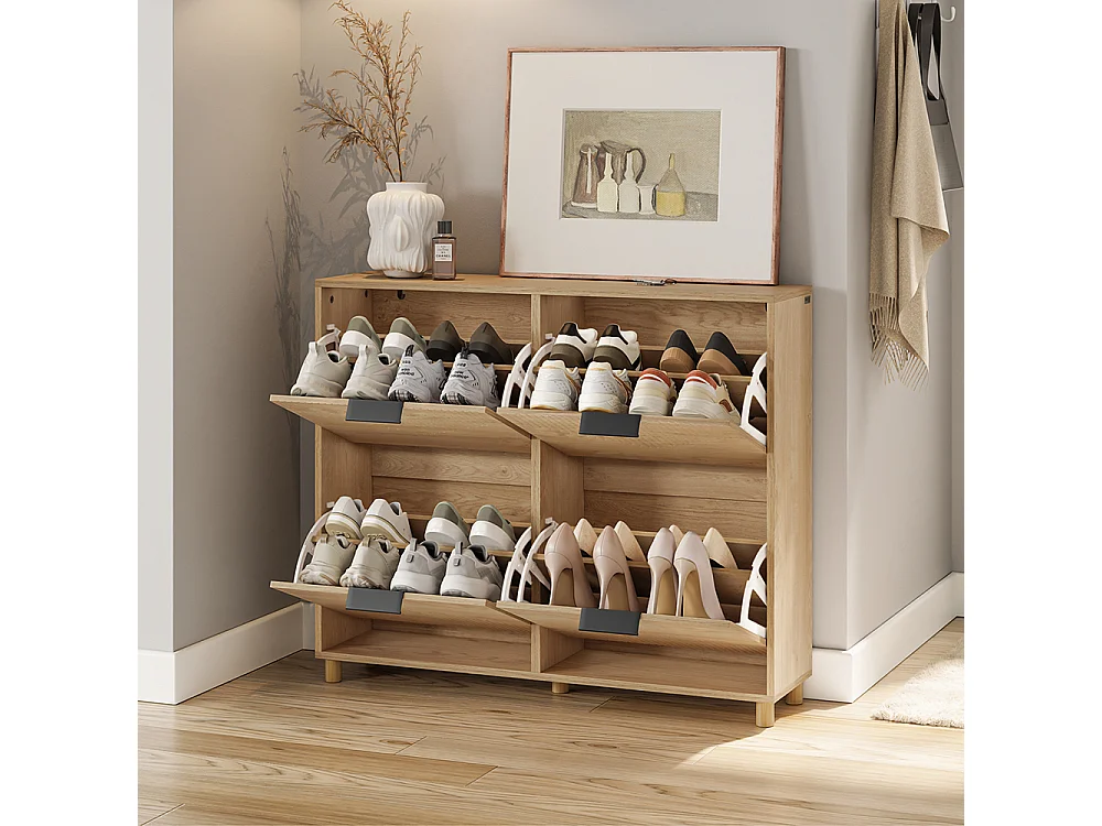 SoBuy Meuble Chaussures Rangement Portes Rabattables Chêne Clair 100x24x83cm FSR214-N