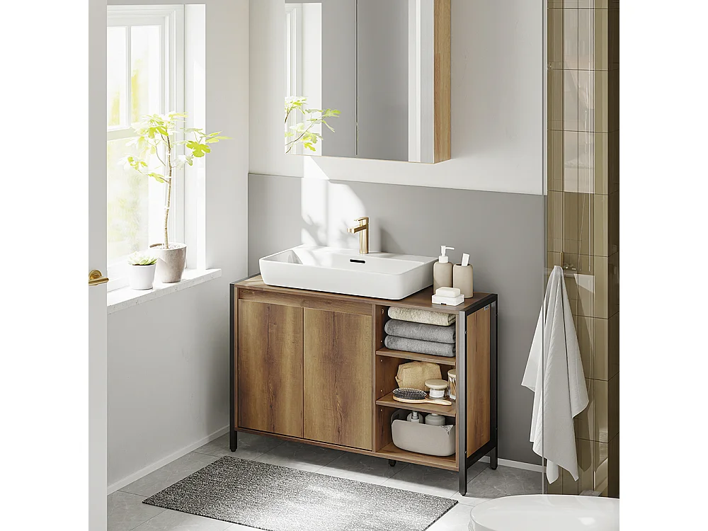 SoBuy Meuble sous-lavabo Rangement 2 portes 3 étagères Marron clair 90x30x60cm BZR63-L-PF