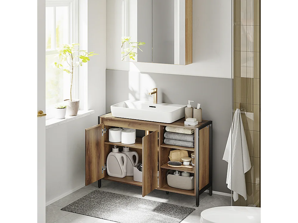SoBuy Meuble sous-lavabo Rangement 2 portes 3 étagères Marron clair 90x30x60cm BZR63-L-PF