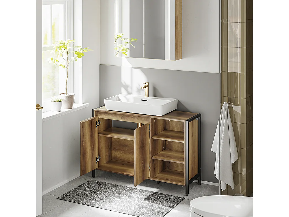 SoBuy Meuble sous-lavabo Rangement 2 portes 3 étagères Marron clair 90x30x60cm BZR63-L-PF