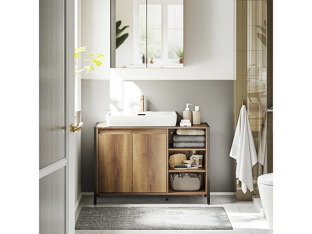 SoBuy Meuble sous-lavabo Rangement 2 portes 3 étagères Marron clair 90x30x60cm BZR63-L-PF