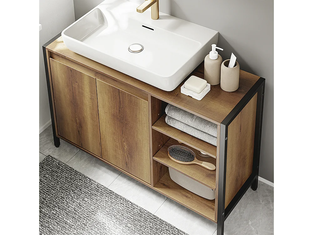 SoBuy Meuble sous-lavabo Rangement 2 portes 3 étagères Marron clair 90x30x60cm BZR63-L-PF