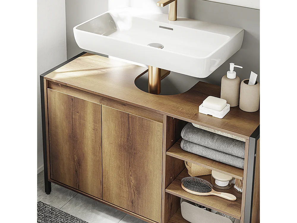 SoBuy Meuble sous-lavabo Rangement 2 portes 3 étagères Marron clair 90x30x60cm BZR63-L-PF