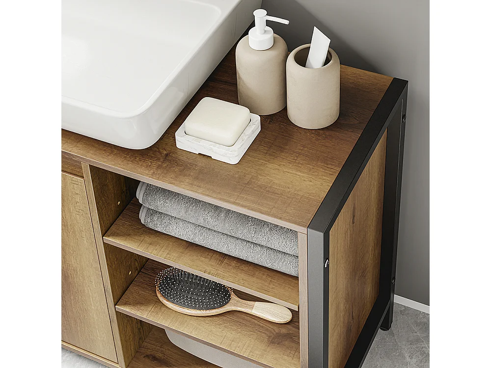 SoBuy Meuble sous-lavabo Rangement 2 portes 3 étagères Marron clair 90x30x60cm BZR63-L-PF