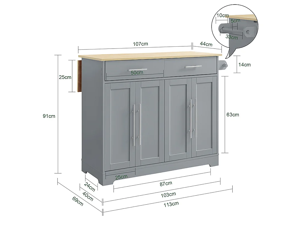 SoBuy Îlot da Cucina con Piano Ribaltabile Grigio Rovere Chiaro 107x69x91cm FKW129-HG