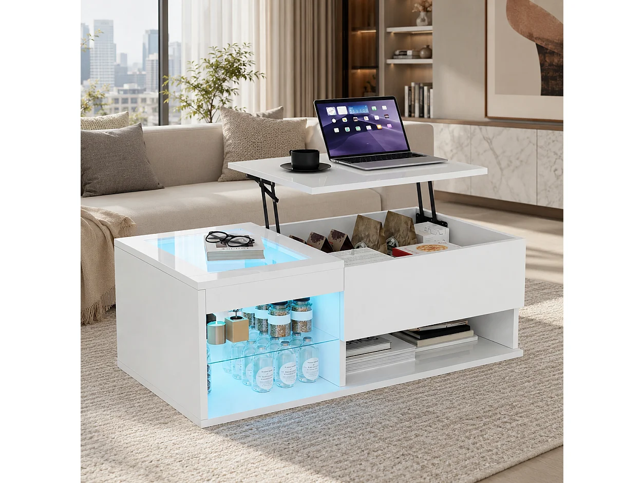 Table Basse Rectangulaire Relevable, Table Basse Brillante avec LED, Tables de Salon Moderne avec Rangement, Table Basses avec Etagère Ouverte, 100x55x35 cm, Blanc