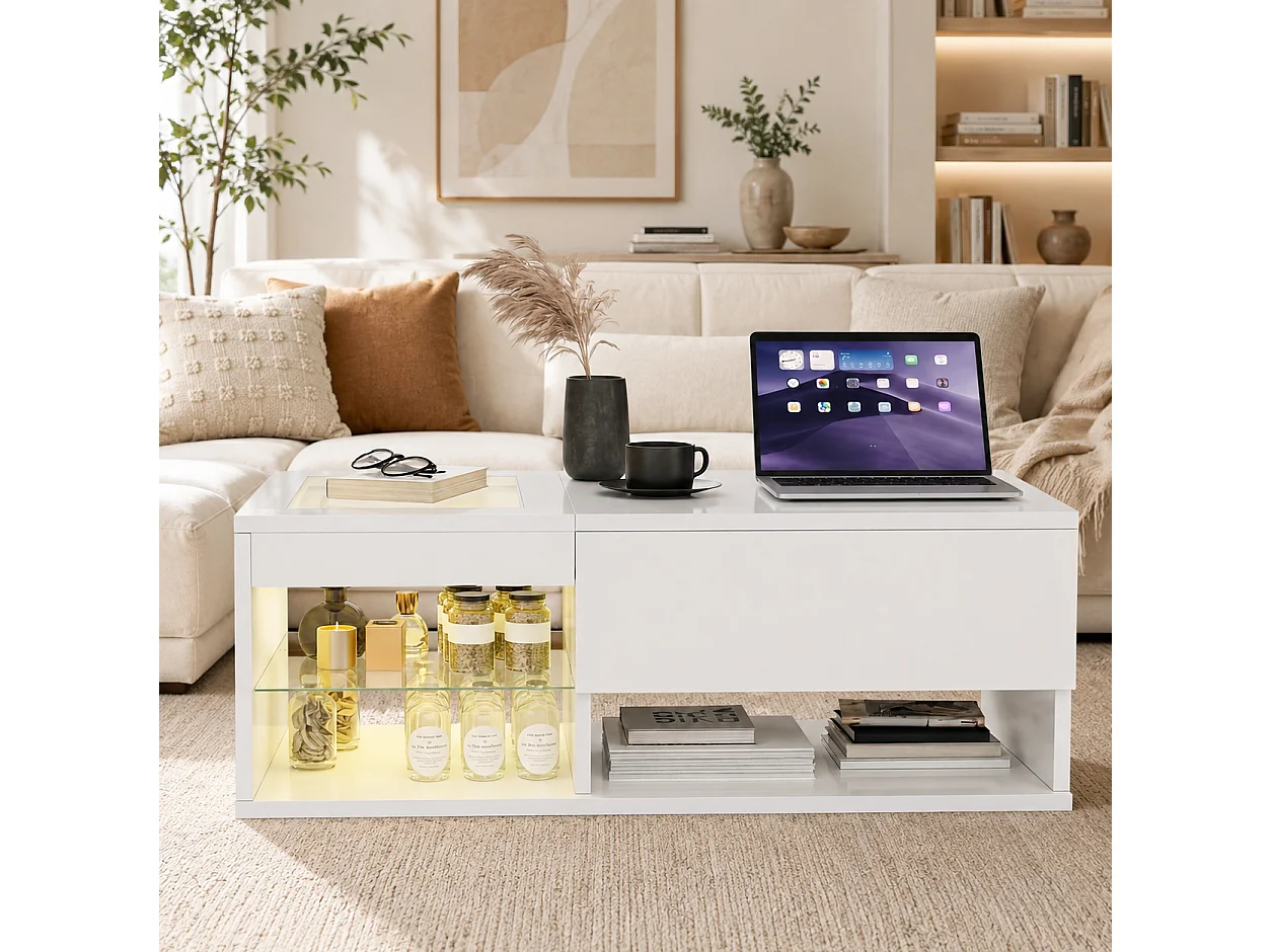 Table Basse Rectangulaire Relevable, Table Basse Brillante avec LED, Tables de Salon Moderne avec Rangement, Table Basses avec Etagère Ouverte, 100x55x35 cm, Blanc