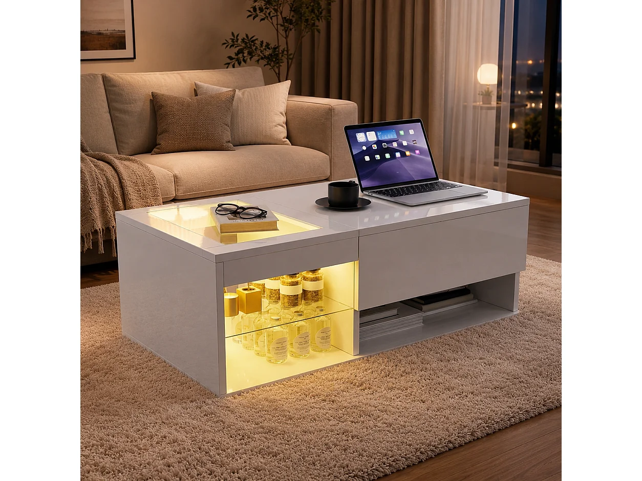 Table Basse Rectangulaire Relevable, Table Basse Brillante avec LED, Tables de Salon Moderne avec Rangement, Table Basses avec Etagère Ouverte, 100x55x35 cm, Blanc