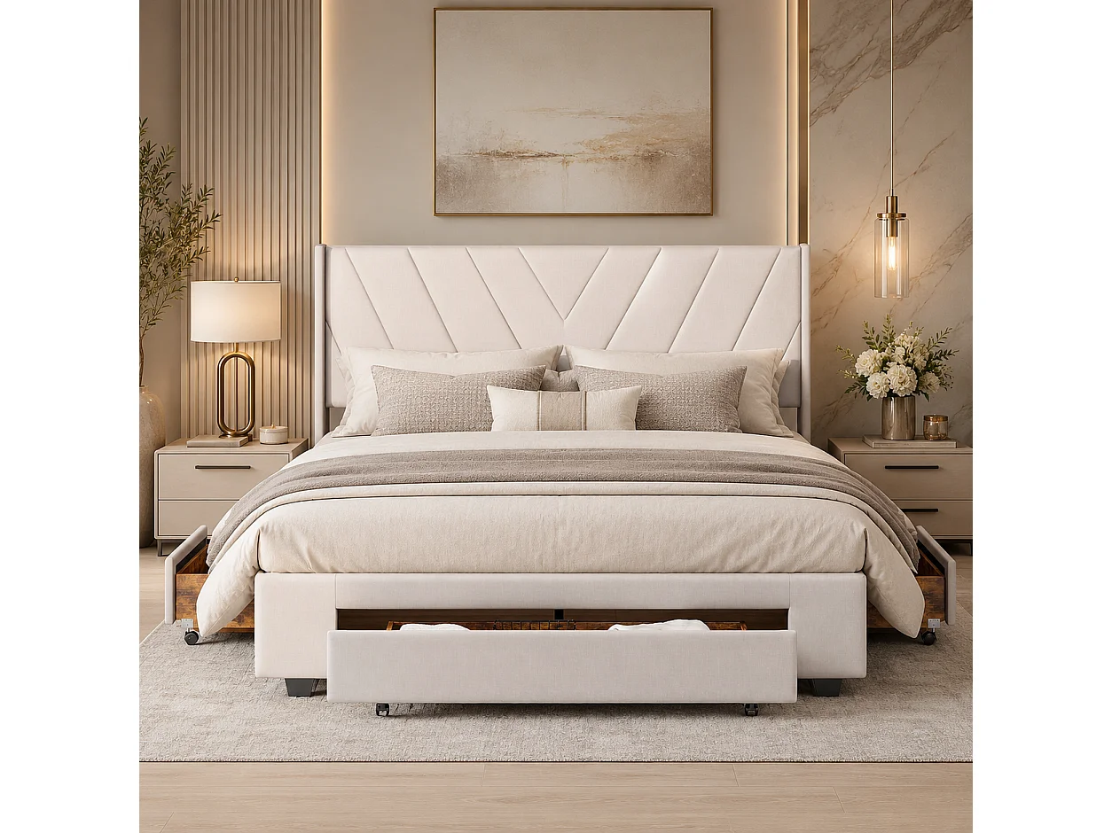 Lit Double 160x200 cm avec 3 Tiroirs en Bois Massif, Cadre de Lit Rembourré en Lin avec Sommier à Lattes, Tête de Lit Moderne pour Chambre, Beige