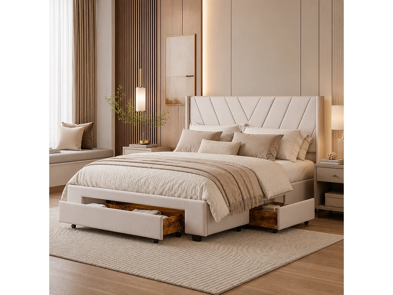 Lit Double 160x200 cm avec 3 Tiroirs en Bois Massif, Cadre de Lit Rembourré en Lin avec Sommier à Lattes, Tête de Lit Moderne pour Chambre, Beige