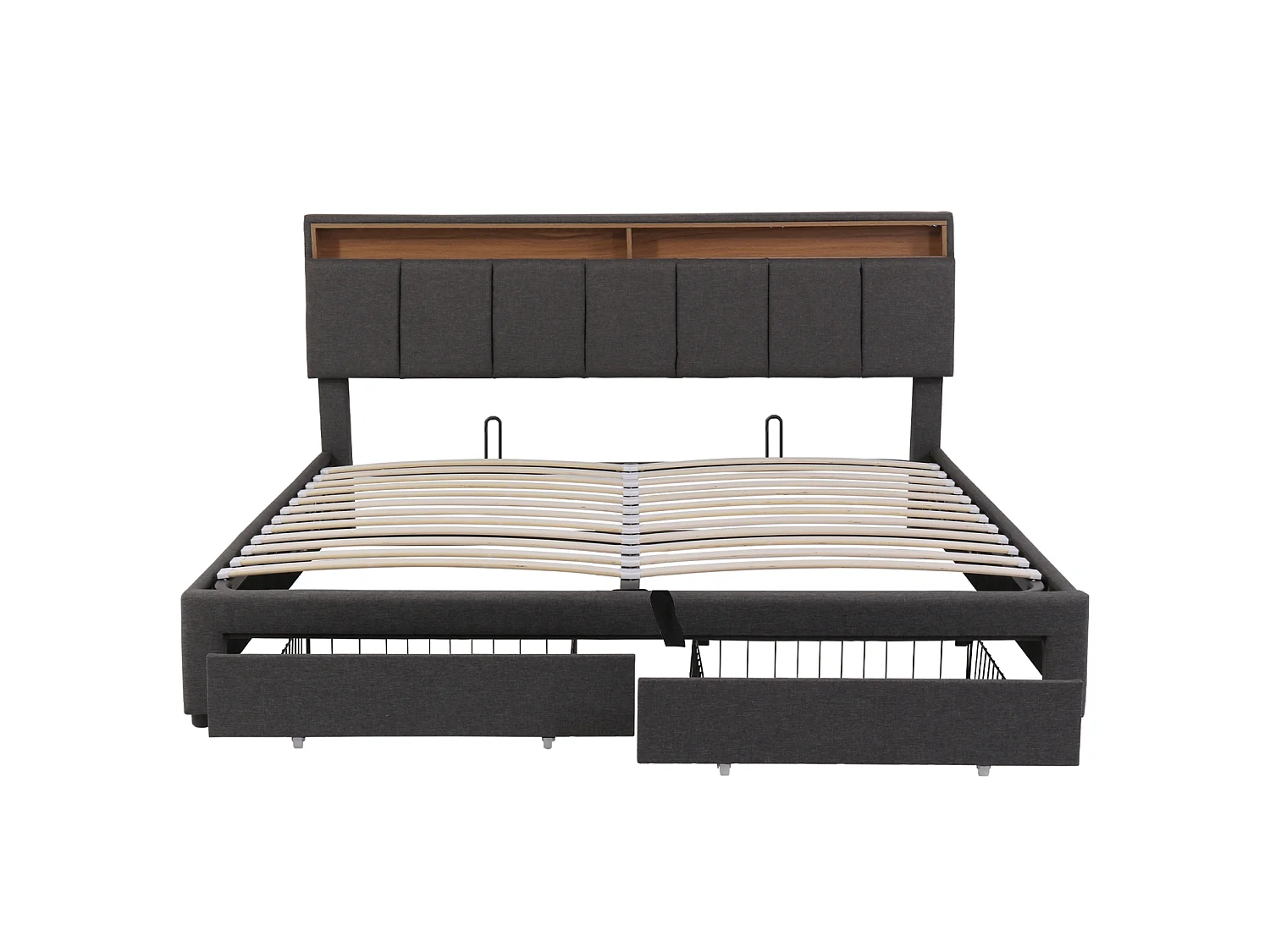 Lit Coffre 160x200 cm avec LED, lit Capitonné avec Étagères Ouvertes et Rangement Caché en Tête de Lit, avec 2 tiroirs et sommier à Lattes, Lin, Gris