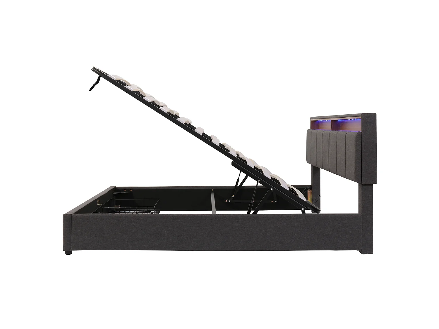 Lit Coffre 160x200 cm avec LED, lit Capitonné avec Étagères Ouvertes et Rangement Caché en Tête de Lit, avec 2 tiroirs et sommier à Lattes, Lin, Gris