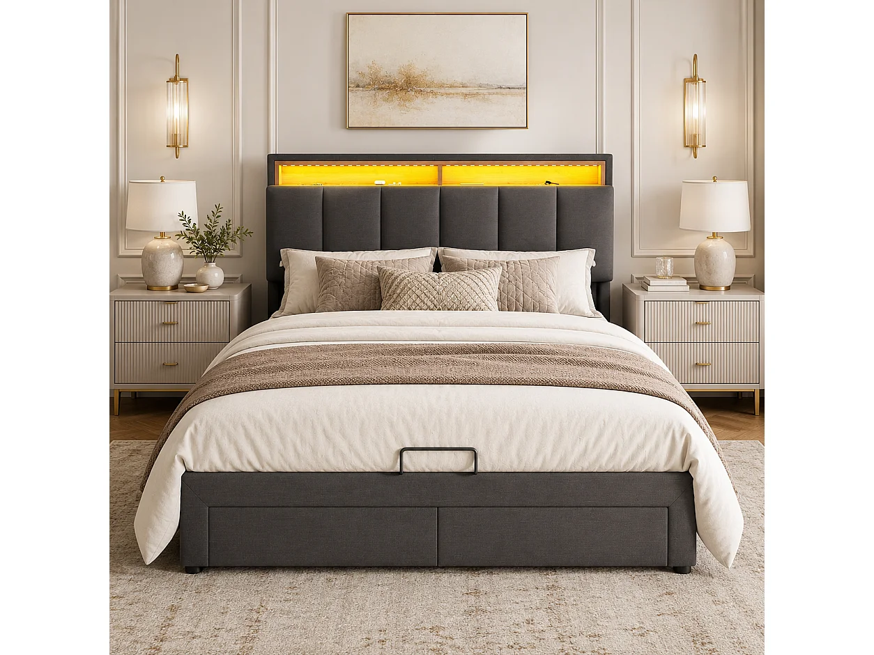 Lit Coffre 160x200 cm avec LED, lit Capitonné avec Étagères Ouvertes et Rangement Caché en Tête de Lit, avec 2 tiroirs et sommier à Lattes, Lin, Gris