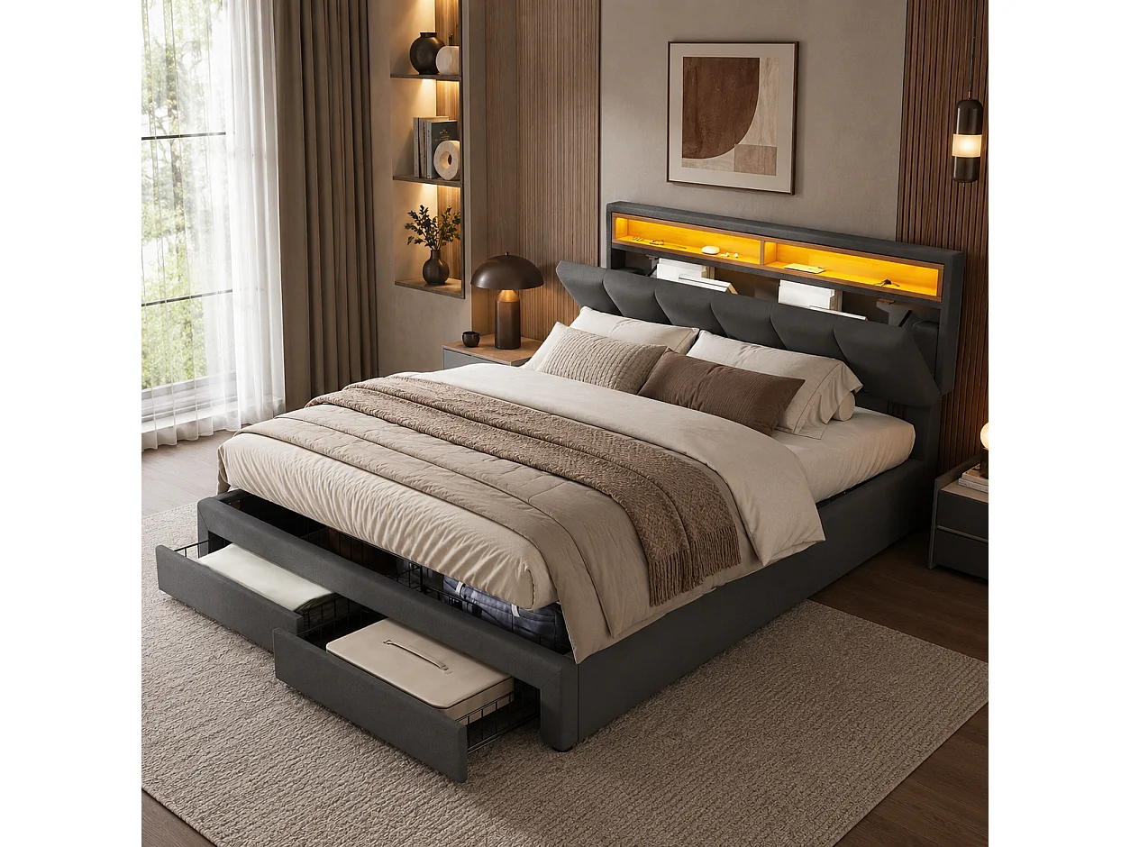 Lit Coffre 160x200 cm avec LED, lit Capitonné avec Étagères Ouvertes et Rangement Caché en Tête de Lit, avec 2 tiroirs et sommier à Lattes, Lin, Gris