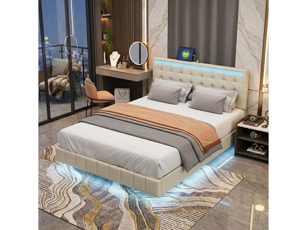 Lit rembourré 140x200 cm, Cadre de lit Adulte Moderne avec tête de lit éclairée par LED, lit Double avec  sommier à Lattes, lin, Beige