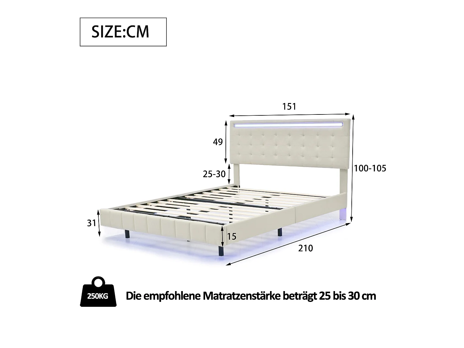 Lit rembourré 140x200 cm, Cadre de lit Adulte Moderne avec tête de lit éclairée par LED, lit Double avec  sommier à Lattes, lin, Beige