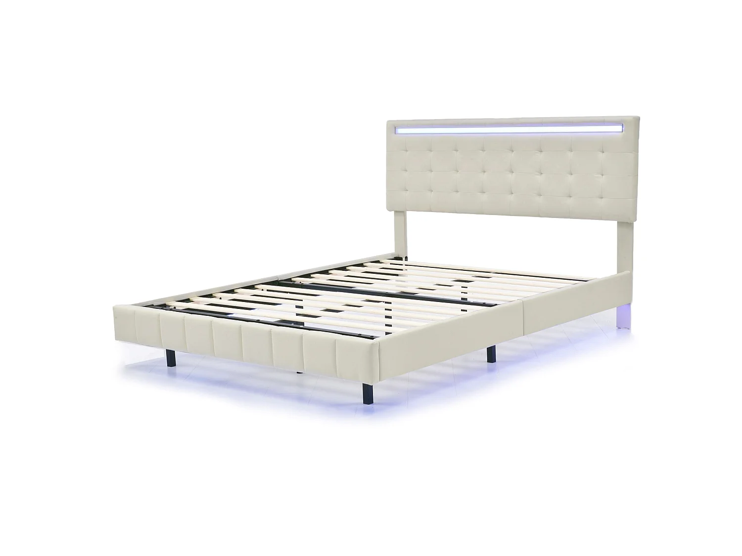 Lit rembourré 140x200 cm, Cadre de lit Adulte Moderne avec tête de lit éclairée par LED, lit Double avec  sommier à Lattes, lin, Beige