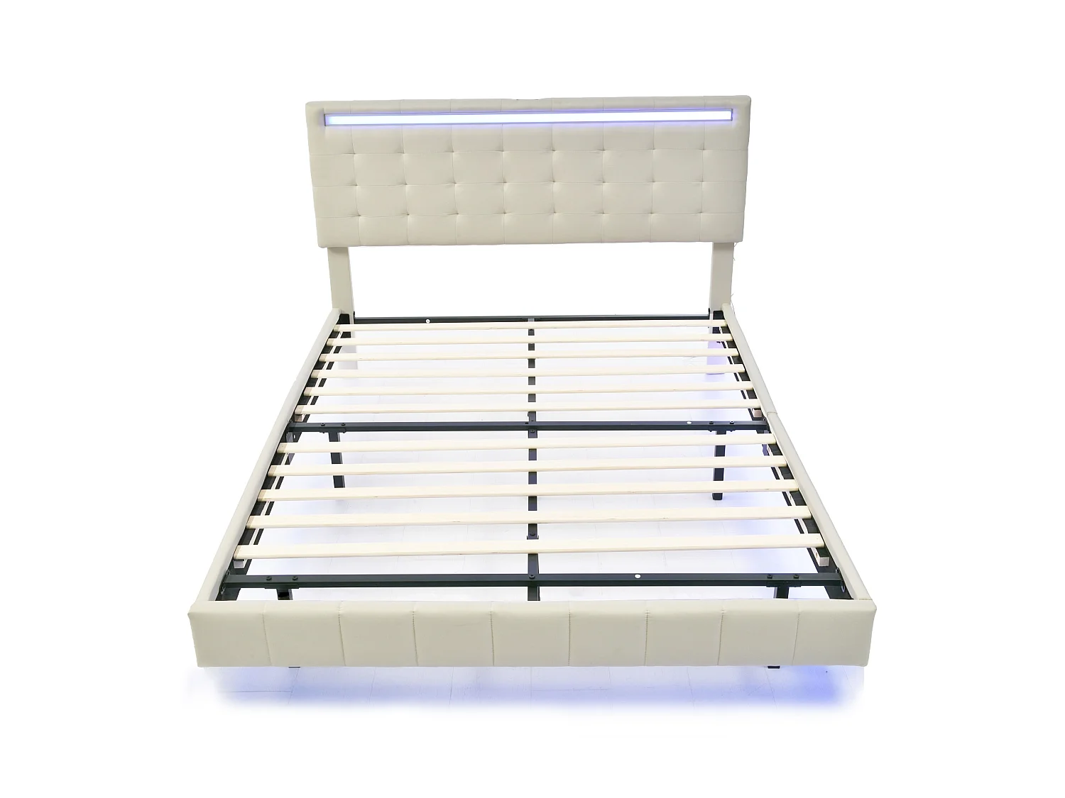 Lit rembourré 140x200 cm, Cadre de lit Adulte Moderne avec tête de lit éclairée par LED, lit Double avec  sommier à Lattes, lin, Beige